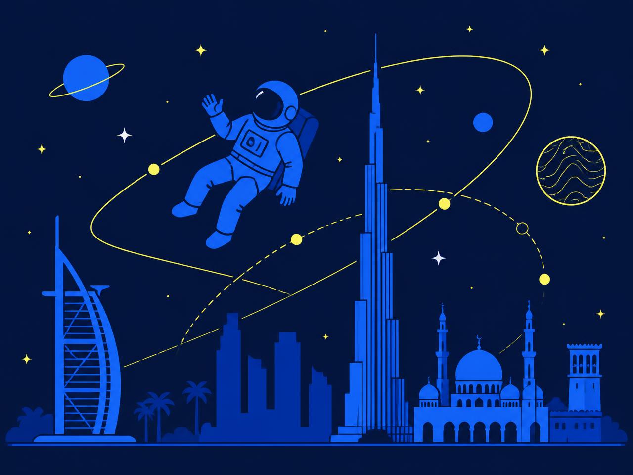 Flat vector illustration of an astronaut floating above a UAE skyline with orbits and stars